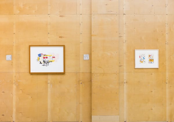 Installation view of NH DePass' exhibition at Sibyl Gallery titled Squiggle. The exhibition consists of roughly 40 framed drawings and one sculpture.