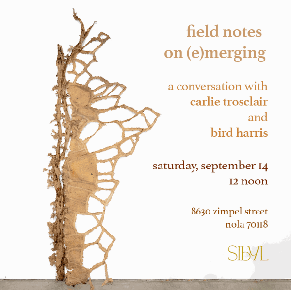An image of Carlie Trosclair's latex wall sculpture, featuring a latex cast of a vine grown into the grout of a stone wall. The text overlaid includes details of an event called 'Field Notes on (E)Merging, a conversation with Carlie Trosclair and Heather