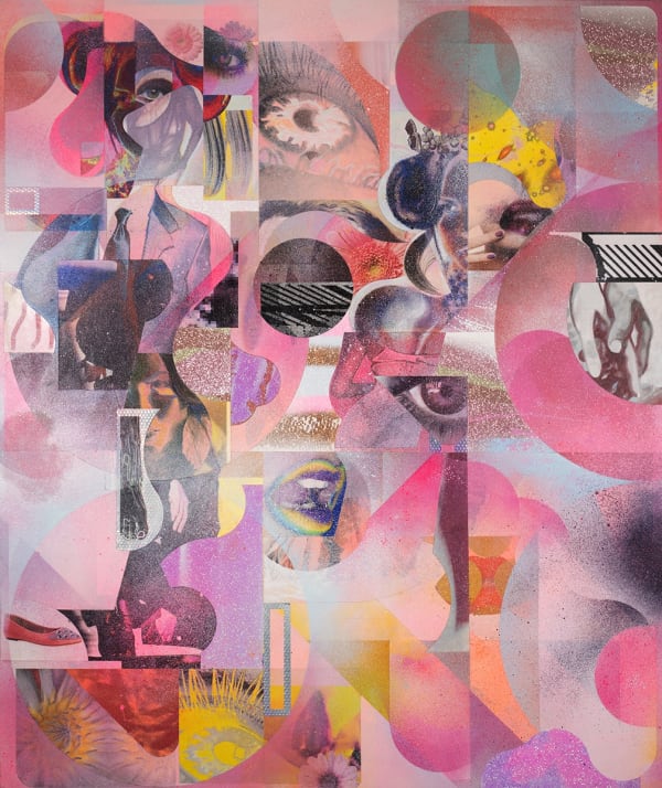 Collage of bright colors, abstract forms, circular shapes.