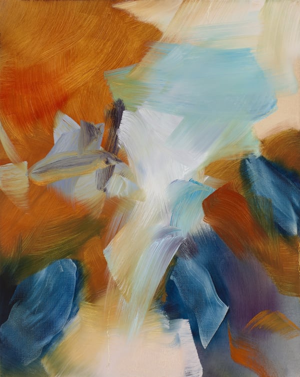 Abstract painting on a rectangular canvas with bright colors in wide brushstrokes and globular blotches.