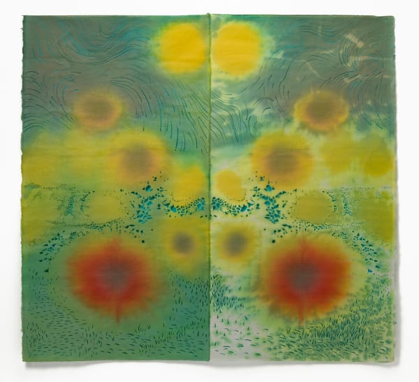 Susan Goethel Campbell Soundings No. 4, 2025 Procion dyes, embroidery, paper cuts on double-layered Japanese paper 55 x 60 inches