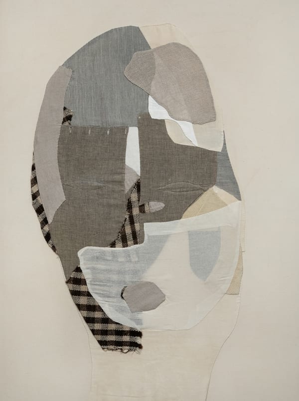 Collage of materials of muted colors and textures creating a portrait by Iris Eichenberg.