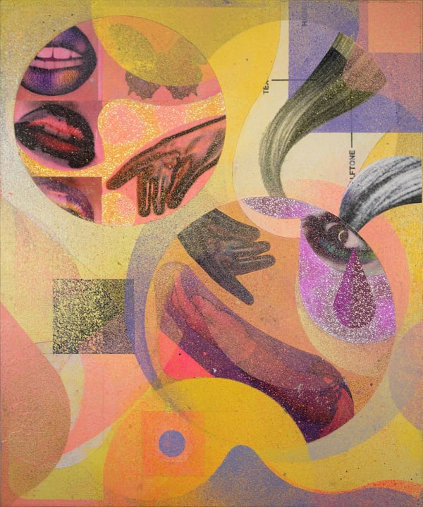 Abstract collage of bright colors and images of lips.