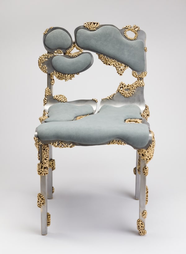 Jack Craig Dripped Bronze Tectonic Chair 1, 2024 Steel, bronze, wood, and upholstery 33 x 20 x 20 inches