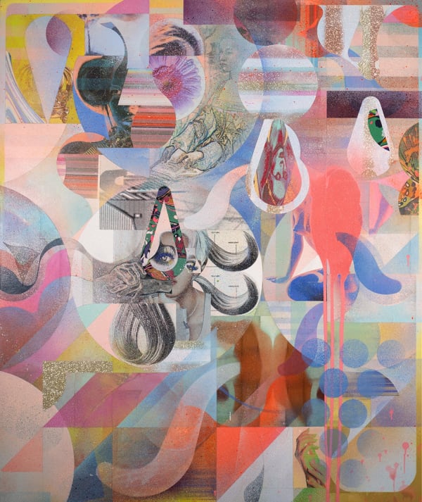 Collage on canvas with bright colors, abstract forms, and square shapes.