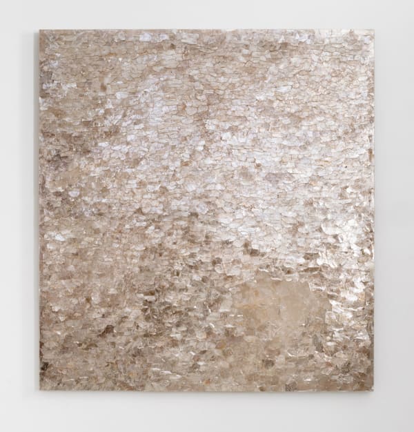 Large square painting with thick metallic texture.