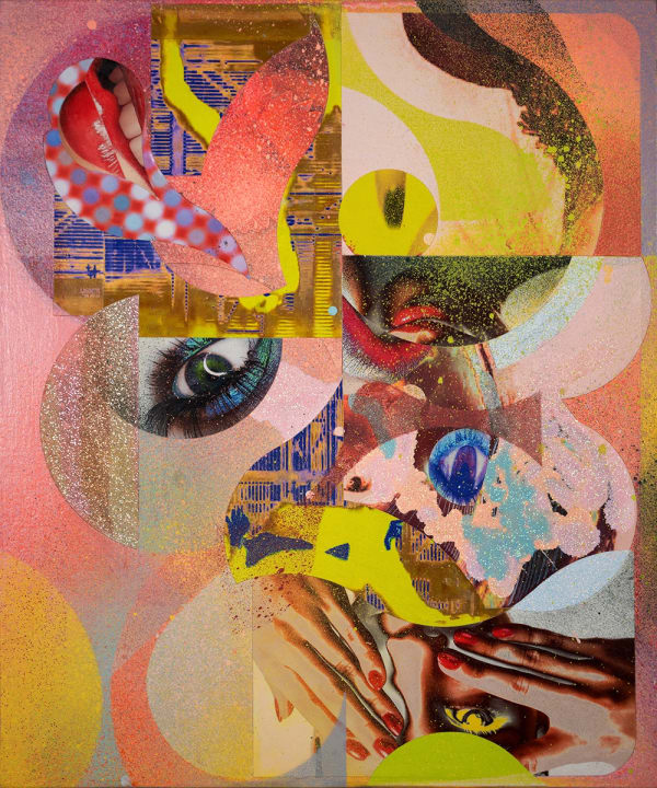 Abstract collage of very bright colors, shapes, and eyes.