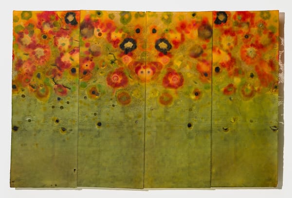 Susan Goethel Campbell Aegean Narrative No. 2 , 2025 Procion dyes, embroidery, collage, hand-cut perforations on Japanese paper 38.25 x 58.25 inches