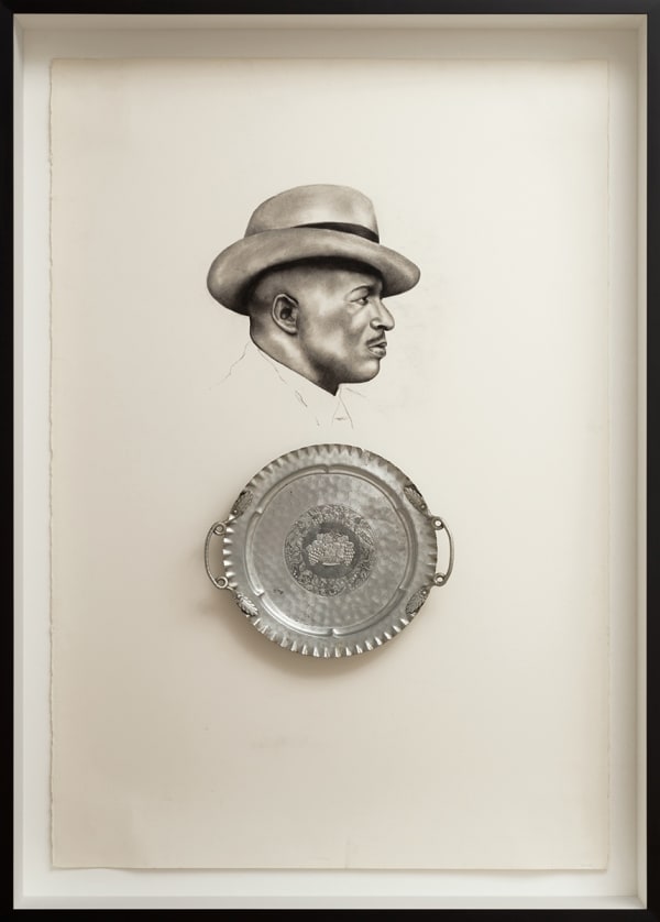 Whitfield Lovell Spell No. 16 (I Am Here Because There Is You), 2023 Conté crayon on paper with attached found object 66.5 x 47.75 x 6.25 inches