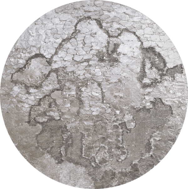 Large round painting with thick metallic texture.