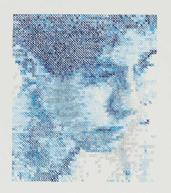Cayce Zavaglia Raphaella Blue Cross-Stitch, 2021 Ink and hand cotton embroidery on Arches paper 15 x 11 inches