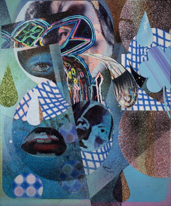 Abstract collage of cool tones and dark shapes.