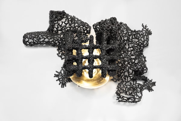 Jack Craig Wall Sconce with Dripped Bronze Grid, 2024 Black patinaed bronze, blown glass, lighting 18 x 21 x 16 inches