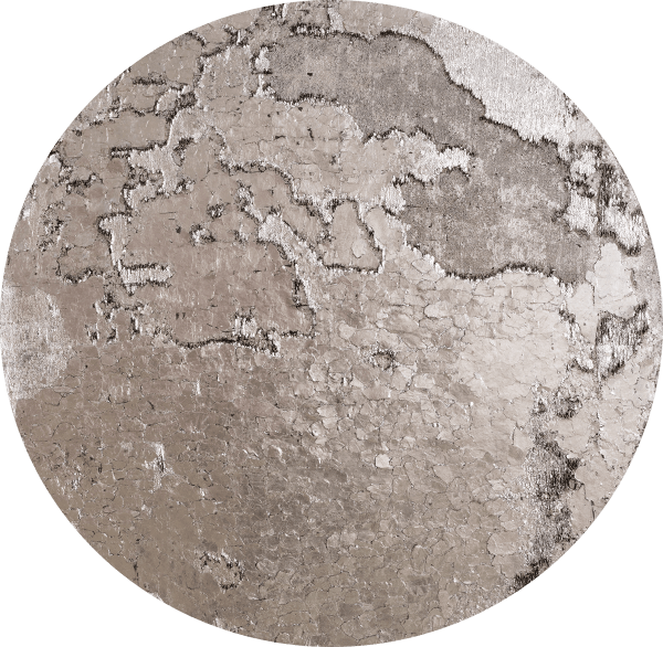 Large round painting with thick metallic texture.