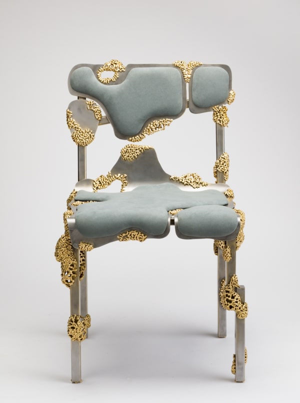 Jack Craig Dripped Bronze Tectonic Chair 2, 2024 Steel, bronze, wood, and upholstery 33 x 20 x 20 inches