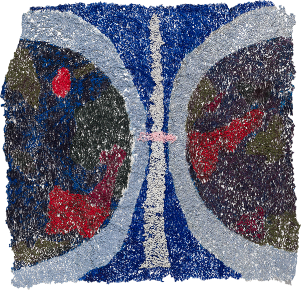 Abstract fiber artwork by artist Neha Vedpathak. Cool tones of blue and warm tones of red with white half-circles facing away from each other.