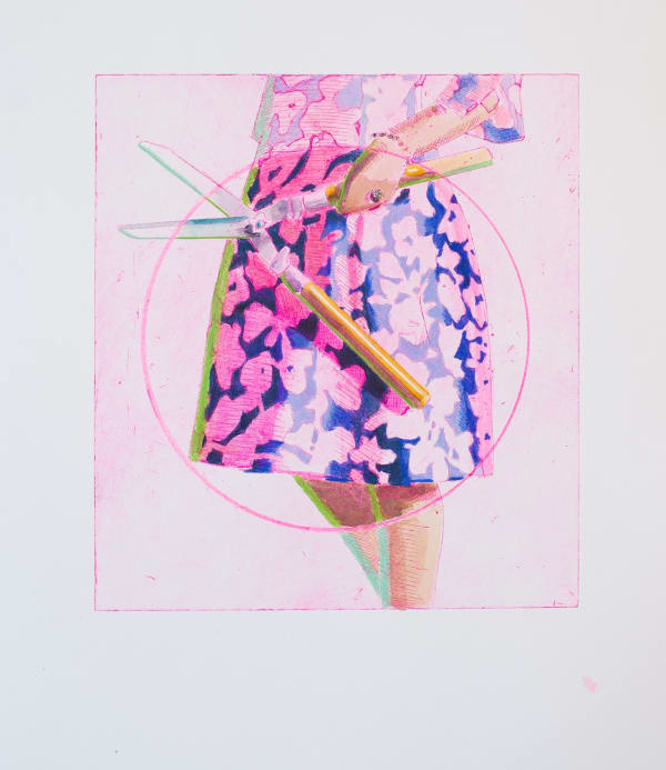 Kelly Reemtsen Shear Bliss 7, 2024 Unique etching, gouache, color pencil, lacquer, glitter 16 x 14 inches