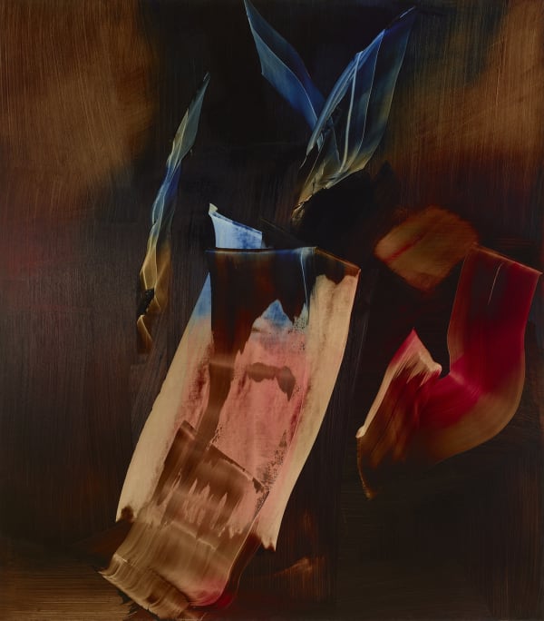 Abstract painting with dark colors on a rectangular canvas. Wide brushstrokes and smooth texture.