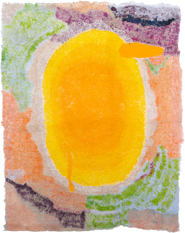Abstract artwork by artist Neha Vedpathak. The center is a warm yellow tone surrounded by peach, greens, and purple tones.