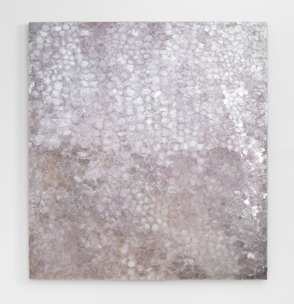 Large square painting with thick metallic texture.