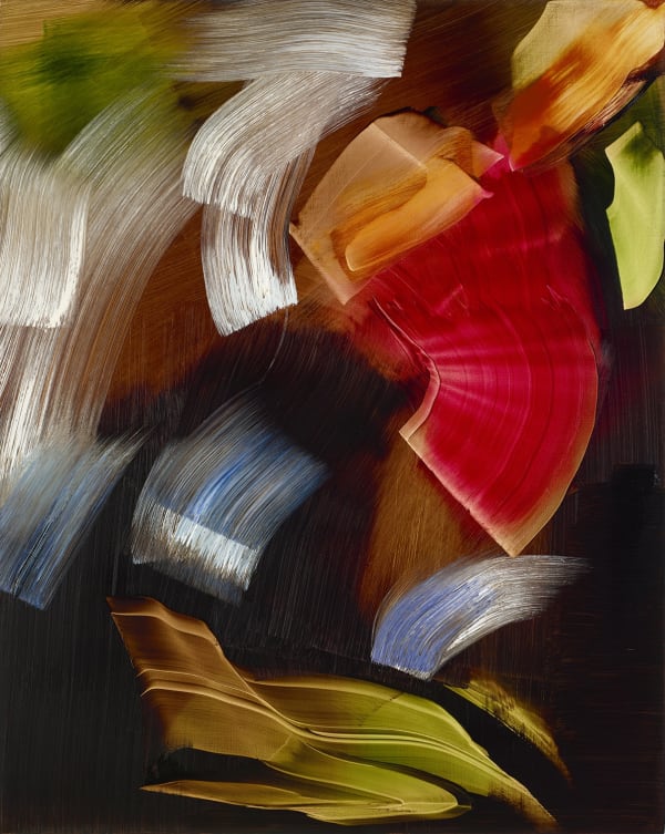 Abstract painting on a rectangular canvas, bright and dark colors with wide brushstrokes and smooth surface texture.