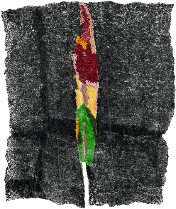 Neha Vedpathak Perennial, 2022 Hand plucked Japanese paper, acrylic paint, thread 59 x 50 inches