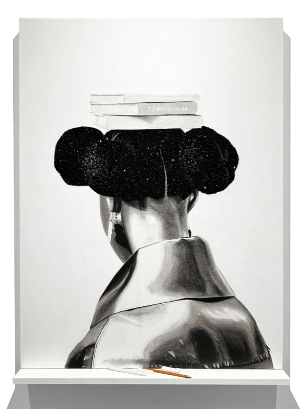 Conrad Egyir The Weight of Three Words, 2024 Charcoal, glitter, acrylic, mounted with eraser, pastel, pencil, blending stump, on canvas 49 x 36 x 4 inches