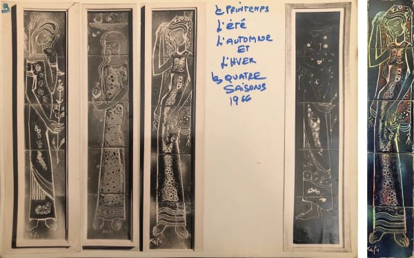 Left: Among Fela Kefi Leroux’s artworks selected to be presented during the festival, two ceramic panels, second and fourth one starting from left, from the Four Seasons series (1966) (image courtesy the artist Fela Kefi Leroux); Right: Ceramic tile panel by Fela Kefi Leroux, Autumn, from the Four Seasons series (1966) (photo by Jessica Gerschultz)