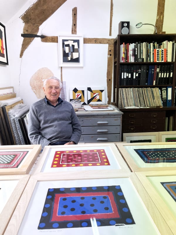 Artist Brian Rice in his studio at home in Dorset