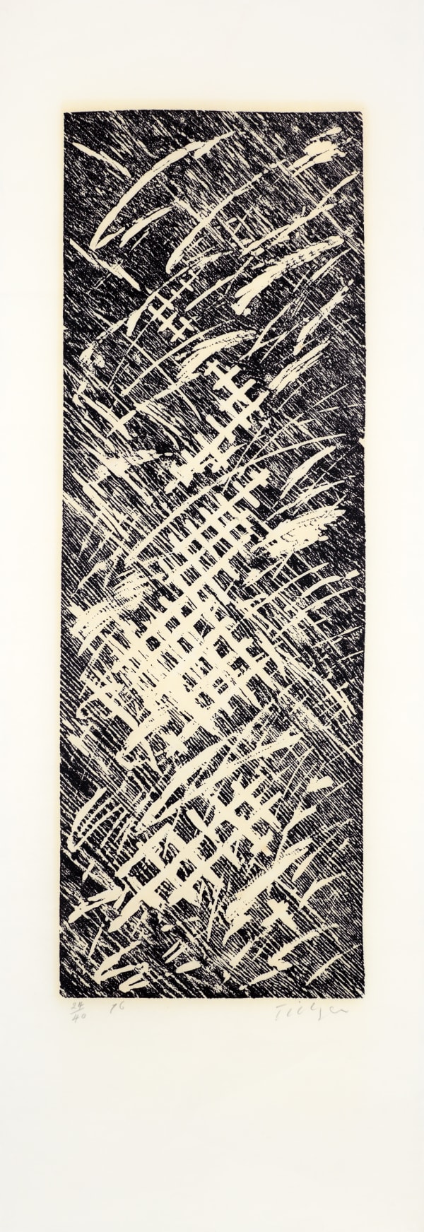 William Tillyer Pathway - Providence Suite, 1976 Signed in pencil lower right, dated lower left (recto) Linocut on paper Linocut and printed collage relief Paper size: 125 x 43 cms (49 1/4 x 17 ins) Image size: 91 x 30.5 cms (35 3/4 x 12 ins) EDITION 40 PROOFS TP 1 PP 1 PRINTER Providence Editions PUBLISHED BY Bernard Jacobson Ltd., London