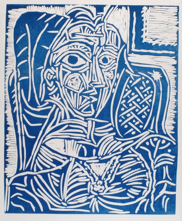 Pablo Picasso Portrait de Jacqueline au Fauteuil , 1958 Linoleum cut printed in blue on pink wove paper 64 x 53.1 cms