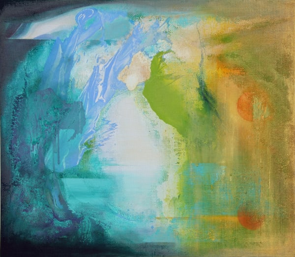 William Tillyer The Watering Place I, 2013 signed (verso) Acrylic on acrylic mesh and canvas 177.8 x 203.2 cms (70 x 80 ins)