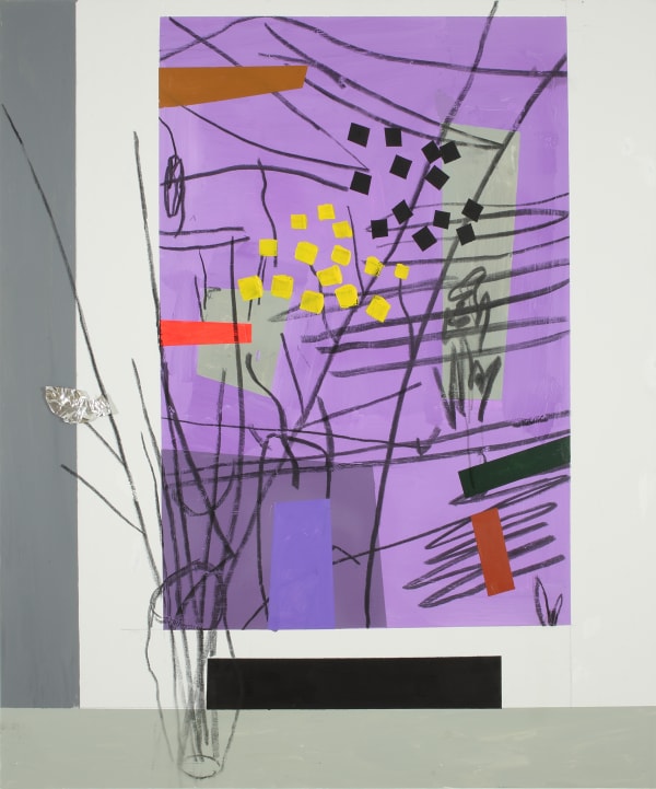 Bruce McLean Twig Arrangement in Front of Garden Arrangement - Purple, 2021 Oil, acrylic, charcoal, and aluminium collage on canvas