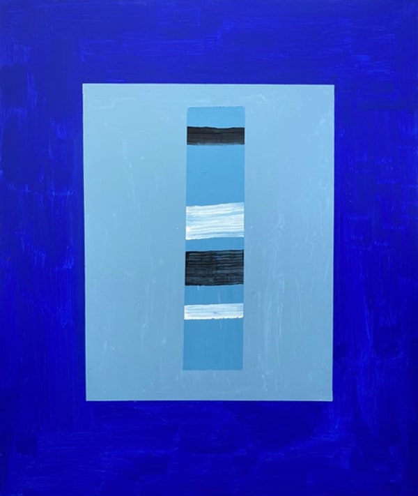 Bruce McLean Minimal Blue Vase Sculpture Against a Blue Background, 2022 Oil and acrylic on canvas 120 x 100 cms
