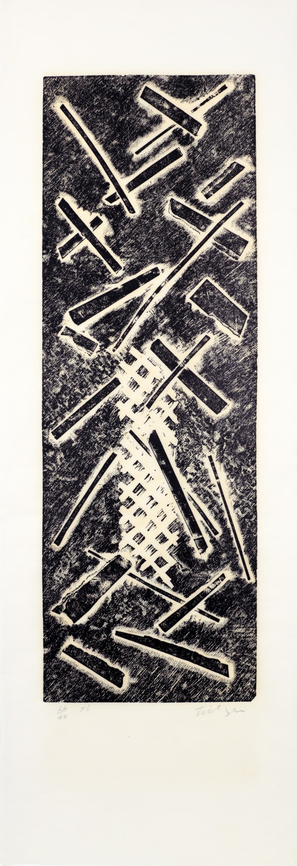 William Tillyer Vase and Arrangement - Providence Suite, 1976 Signed in pencil lower right, dated lower left (recto) Linocut on paper Linocut and printed collage relief Paper size: 125 x 43 cms (49 1/4 x 17 ins) Image size: 91 x 30.5 cms (35 3/4 x 12 ins) EDITION 40 PROOFS TP 1 PP 1 PRINTER Providence Editions PUBLISHED BY Bernard Jacobson Ltd., London