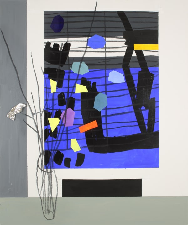 Bruce McLean Twig Arrangement in Front of Garden Arrangement - Blue, 2021 Oil, acrylic, charcoal, and aluminium collage on canvas