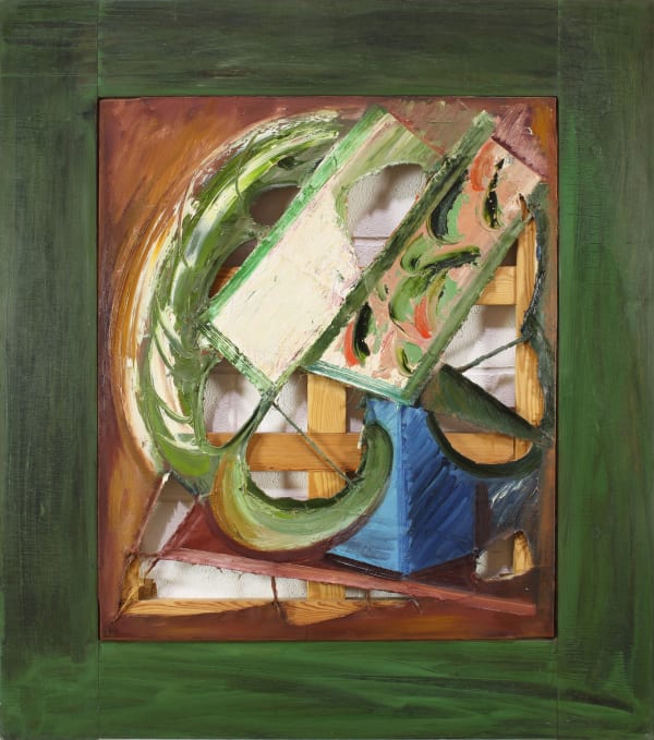 William Tillyer Double Crossbar with Blue Vase and Arrangement, 1983 Oil on string and canvas