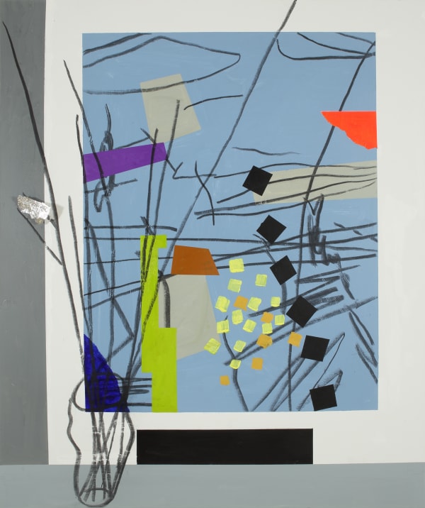 Bruce McLean Twig Arrangement in Front of Garden Arrangement - Grey Blue, 2021 Oil, acrylic, charcoal, and aluminium collage on canvas