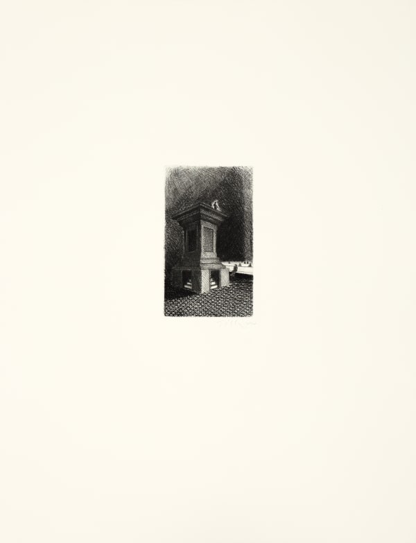 William Tillyer ‘They would be ushered in and seat themselves side by side, in church stalls; then he would ascend an imposing pulpit from which he would preach a sermon on dandyism’, 1974/2018 Signed in pencil lower right (recto) Line etching on copper on 250 gsm Velin Arches Blanc paper Paper size: 65 x 50.5 cms (26 x 19 7/8 ins) Plate size: 18 x 10.5 cms (7 x 4 1/4 ins) EDITION 25 PROOFS 4AP 1PP PRINTER Clifton Editions PUBLISHED BY Bernard Jacobson Ltd., London, 2018