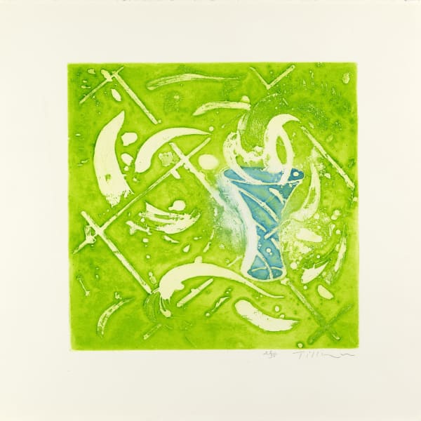 William Tillyer Blue Vase and Arrangement on Green Ground. For KST - The Scalby Suite, 2022 Signed in pencil lower right (recto) Etching, aquatint and embossing on paper Paper size: 58 x 58 cms (22 3/4 x 22 3/4 ins) Plate size: 39.5 x 39.5 cms (15 1/2 x 15 1/2 ins) EDITION 35 PROOFS 1 Proof PRINTER Bracken Press PUBLISHED BY Bernard Jacobson Ltd., London