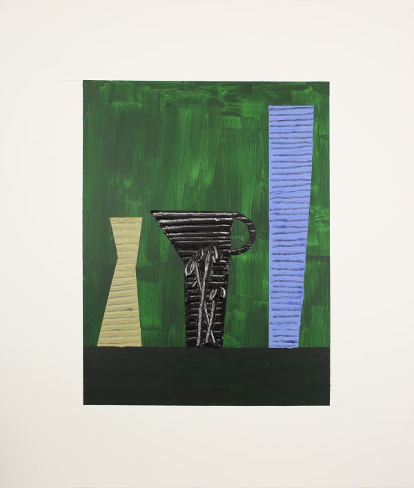 Bruce McLean Tall Blue Vase, Black Jug and White Vase, 2022 Acrylic on canvas 120 x 100 cms (47 1/4 x 39 3/8 ins)