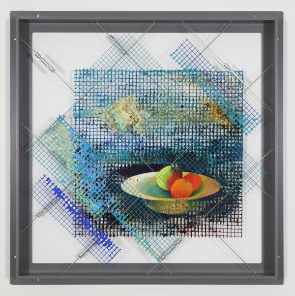 William Tillyer Two Oranges and an Apple - The Mulgrave Tensile Wire Works, 2021 Acrylic on wire mesh with wire and tensioners
