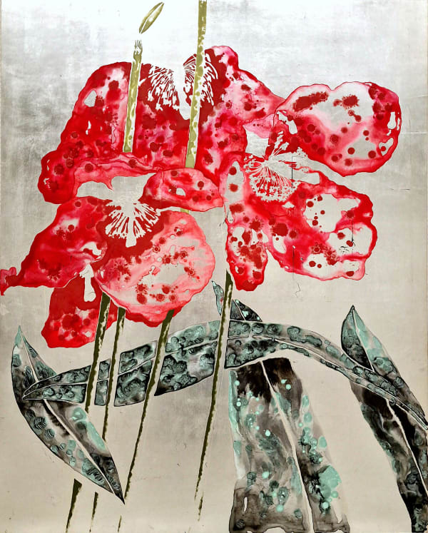 Meconopsis Agrt pigment, ink and silver leaf on wooden panel 46 7/8 x 35 7/8 in. / 119 x 91 cm.