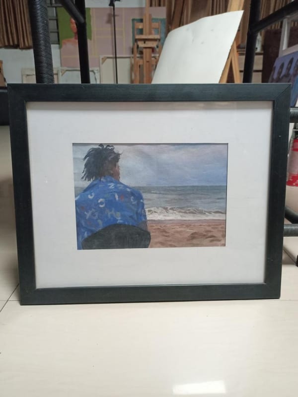 lapeezy at the beach 2022 19cm x 27.5cm oil on canvas framed