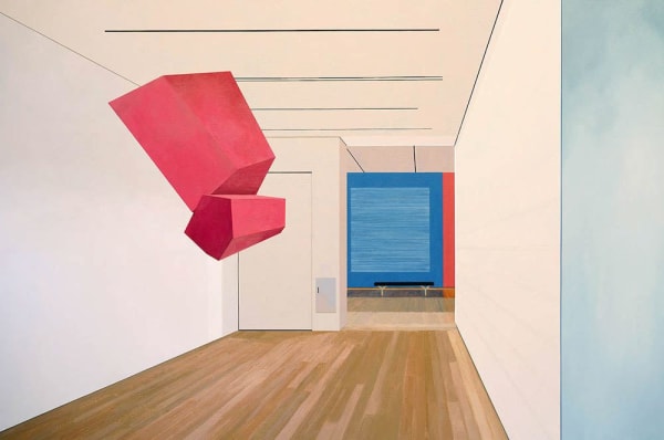 Sarah McKenzie, Suspension (Yale University Art Gallery with Sol Lewitt and Joel Shapiro, 2018), 2019, oil and acrylic on canvas, 48 x 72 in. (121.9 x 182.9 cm)