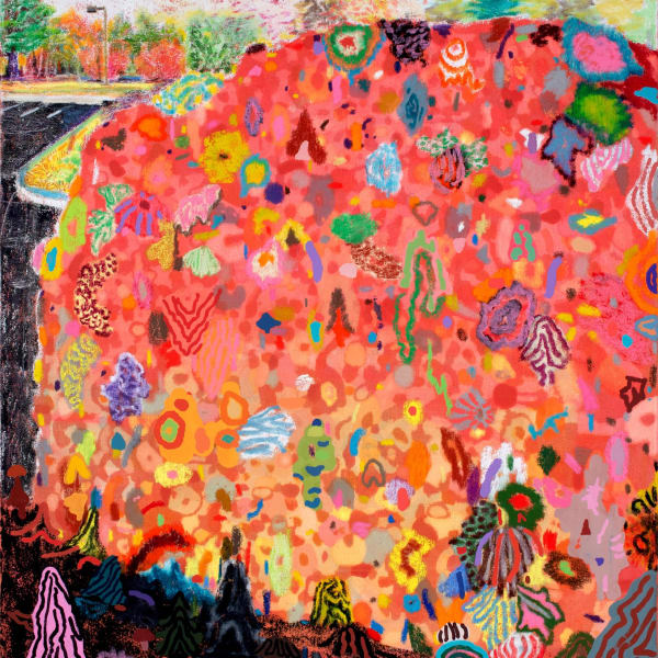 Leon Benn, Mystical Boulder in the Parking Lot, 2021, oil and fabric dye on linen, 54 x 50 in. (137.16 x 127 cm)