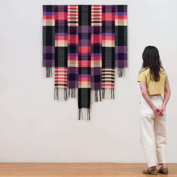 Paolo Arao, Étude (Mandarin), hand-stitched cotton thread, pieced + sewn cotton and denim, and hand-woven cotton in a wood frame, 12 x 9 in. (30.5 x 22.9 cm)