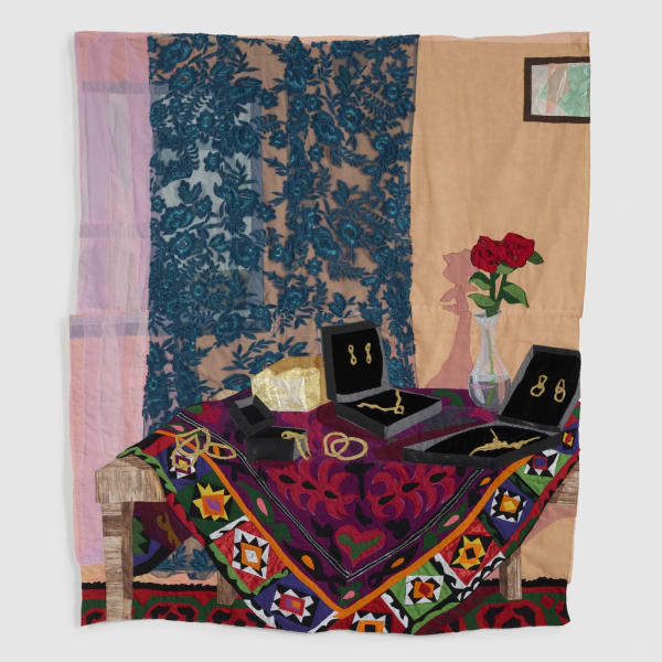 Hangama Amiri Still-Life with Jewelry Boxes and Red Roses, 2022