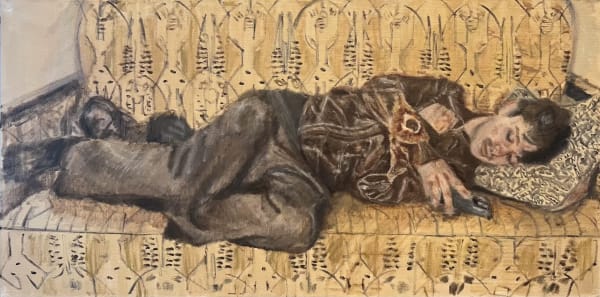 Lorenzo Amos, Blue skies , a yellow sofa , brown leather and socks from Estonia, 2023