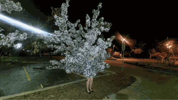 Andrea Orejarena and Caleb Stein traveled to places of so-called "glitches" (disturbances in reality); here you can see their mixed media work "Cherry Blossom Camouflage" from 2023.